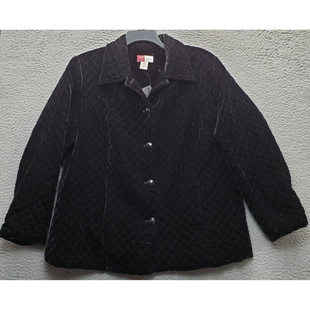 JM Collection Quilted Jacket Womens 16W Black Velvet Lined Collared Button Front